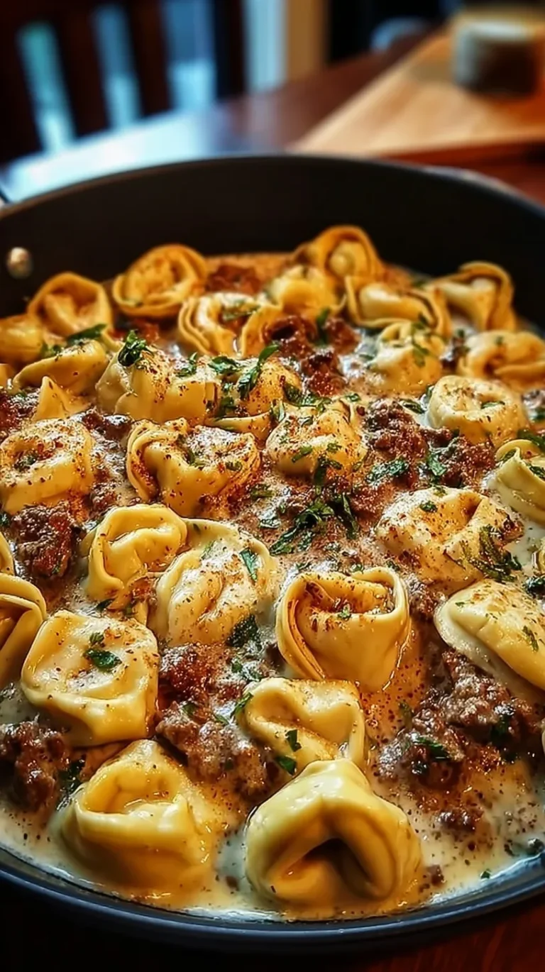 A skillet filled with creamy cheesesteak tortellini, sliced ribeye, and green bell peppers.