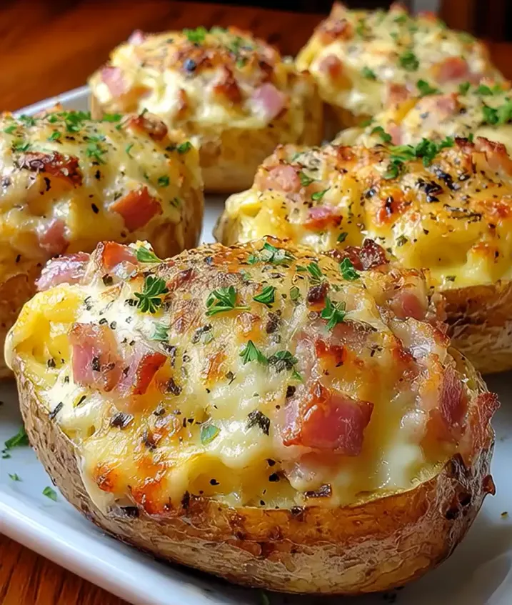 Cheesy bacon potatoes topped with melted cheddar cheese and crispy bacon bits.
