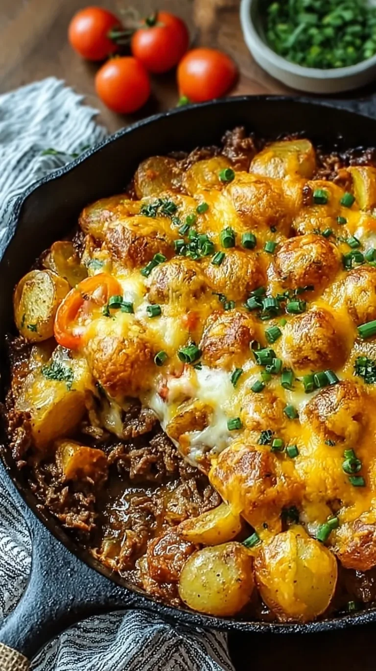 A bubbling skillet of cheesy beef and sliced potatoes garnished with fresh parsley.