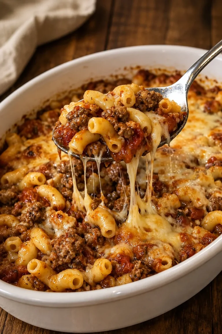 Cheesy baked beef and pasta casserole fresh out of the oven, ready to serve.