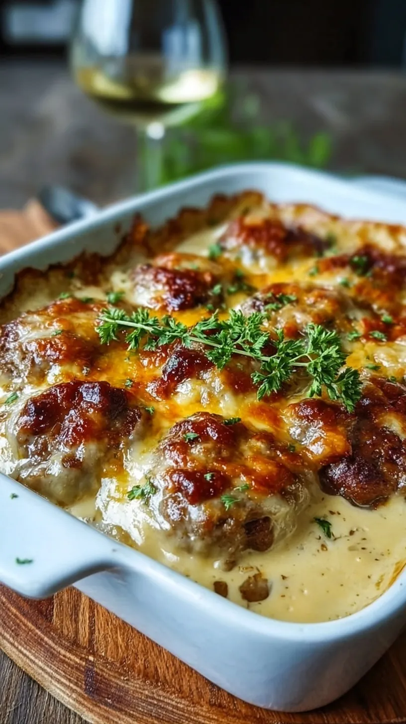 Golden brown beef patties topped with melted mozzarella cheese in a creamy white sauce inside a cast iron skillet.