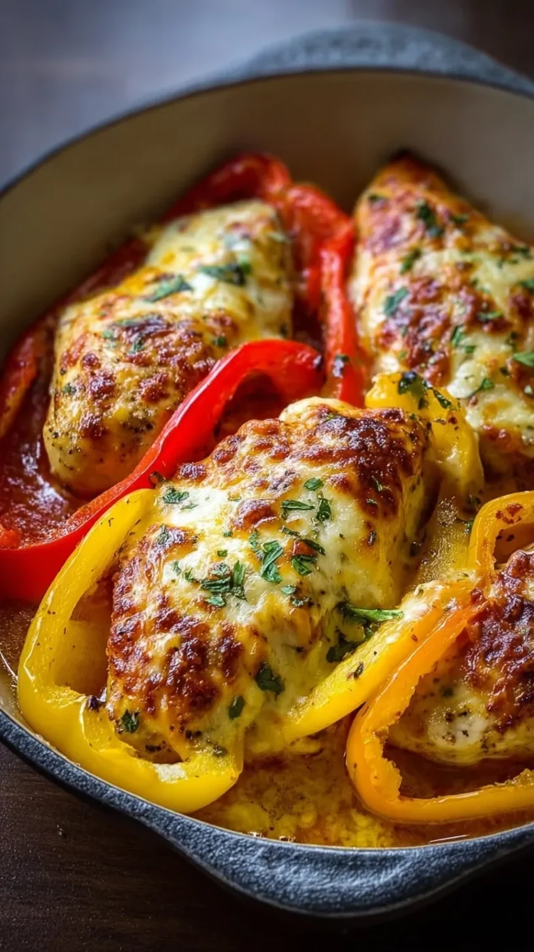 A 9x13 baking dish filled with seasoned chicken breasts, colorful bell peppers, and melted mozzarella cheese.