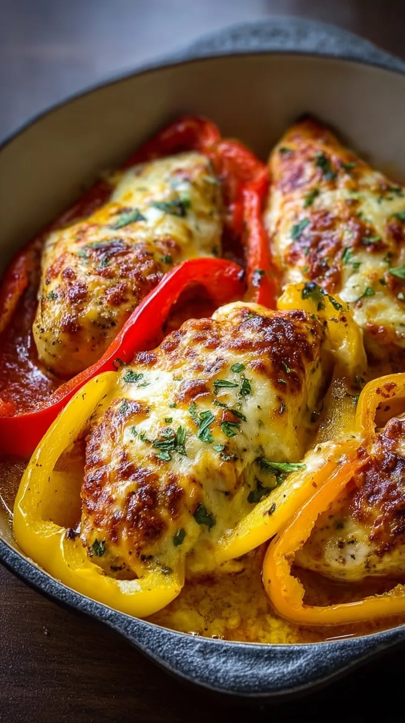 A 9x13 baking dish filled with seasoned chicken breasts, colorful bell peppers, and melted mozzarella cheese.