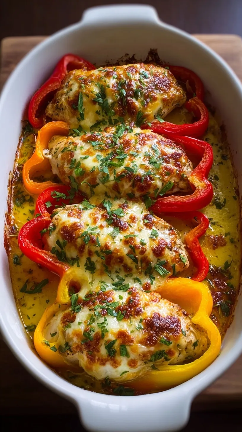 Golden melted cheese over seasoned chicken breasts and colorful bell peppers in a baking dish.