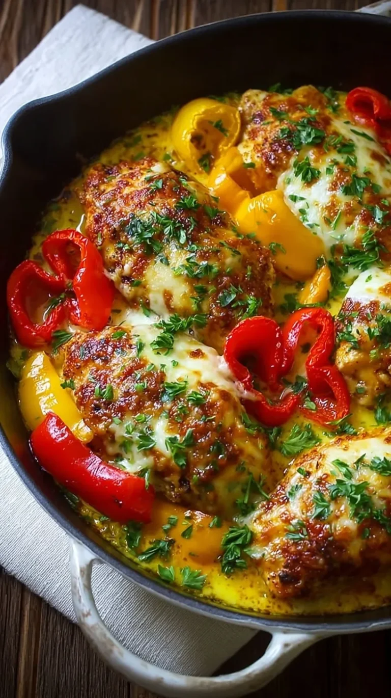 A baking dish containing juicy chicken breasts topped with melted mozzarella and colorful sweet pepper rings.