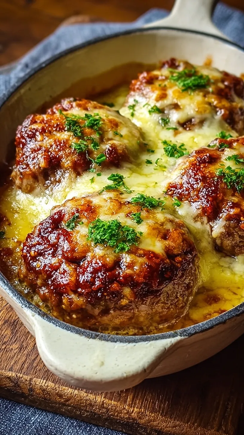 Four juicy baked beef patties topped with melted yellow cheddar cheese on a baking sheet.