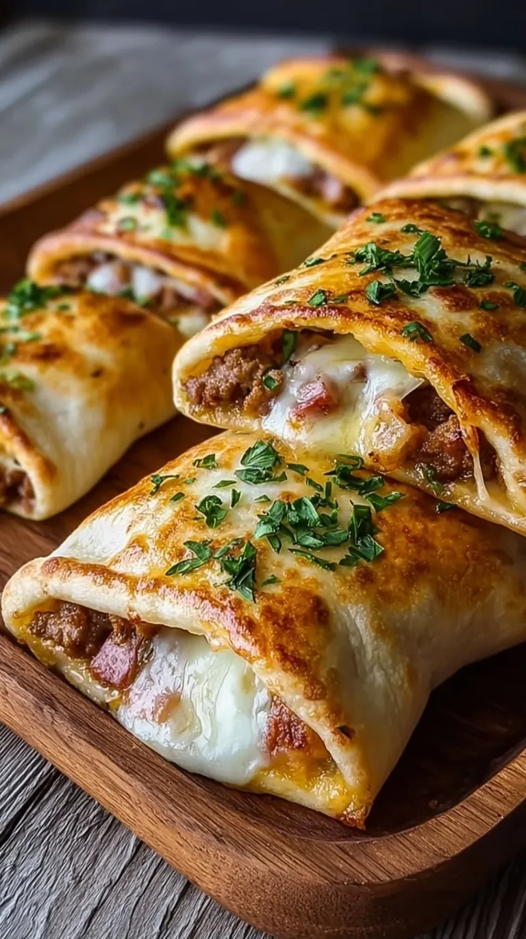 Golden brown baked flatbread pockets filled with seasoned ground beef and melted mozzarella cheese on a baking sheet.