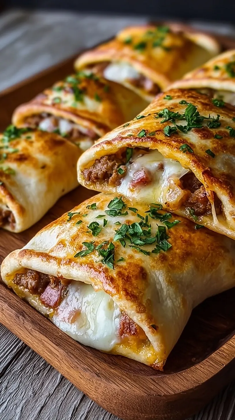 Golden brown baked flatbread pockets filled with seasoned ground beef and melted mozzarella cheese on a baking sheet.