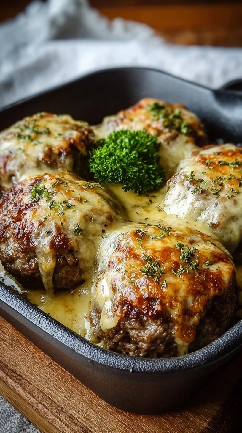 Golden baked beef patties topped with caramelized onions and melted cheddar cheese in a baking dish.