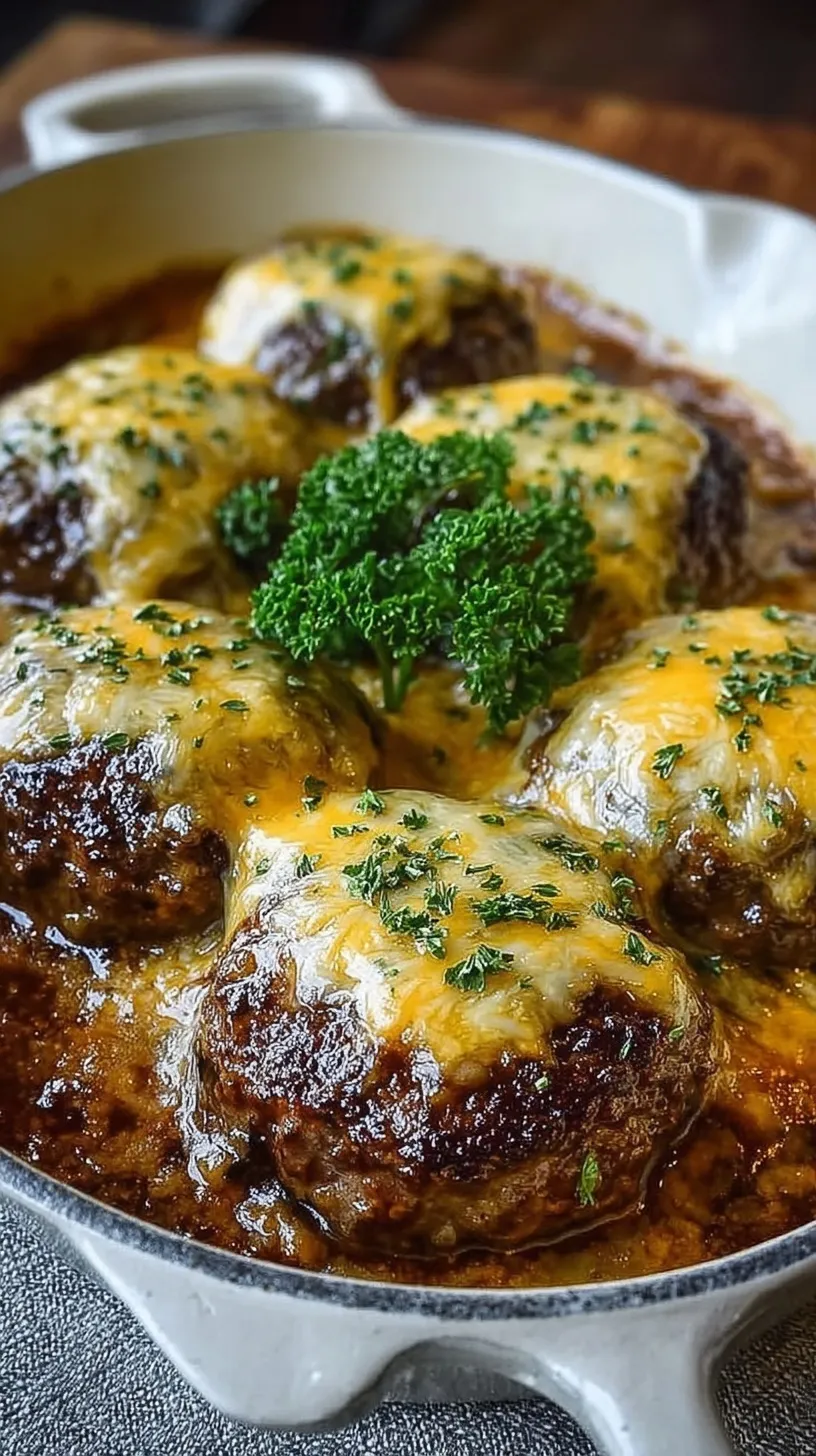 Four oval beef patties covered in brown mushroom gravy and melted yellow cheddar cheese in a baking dish.