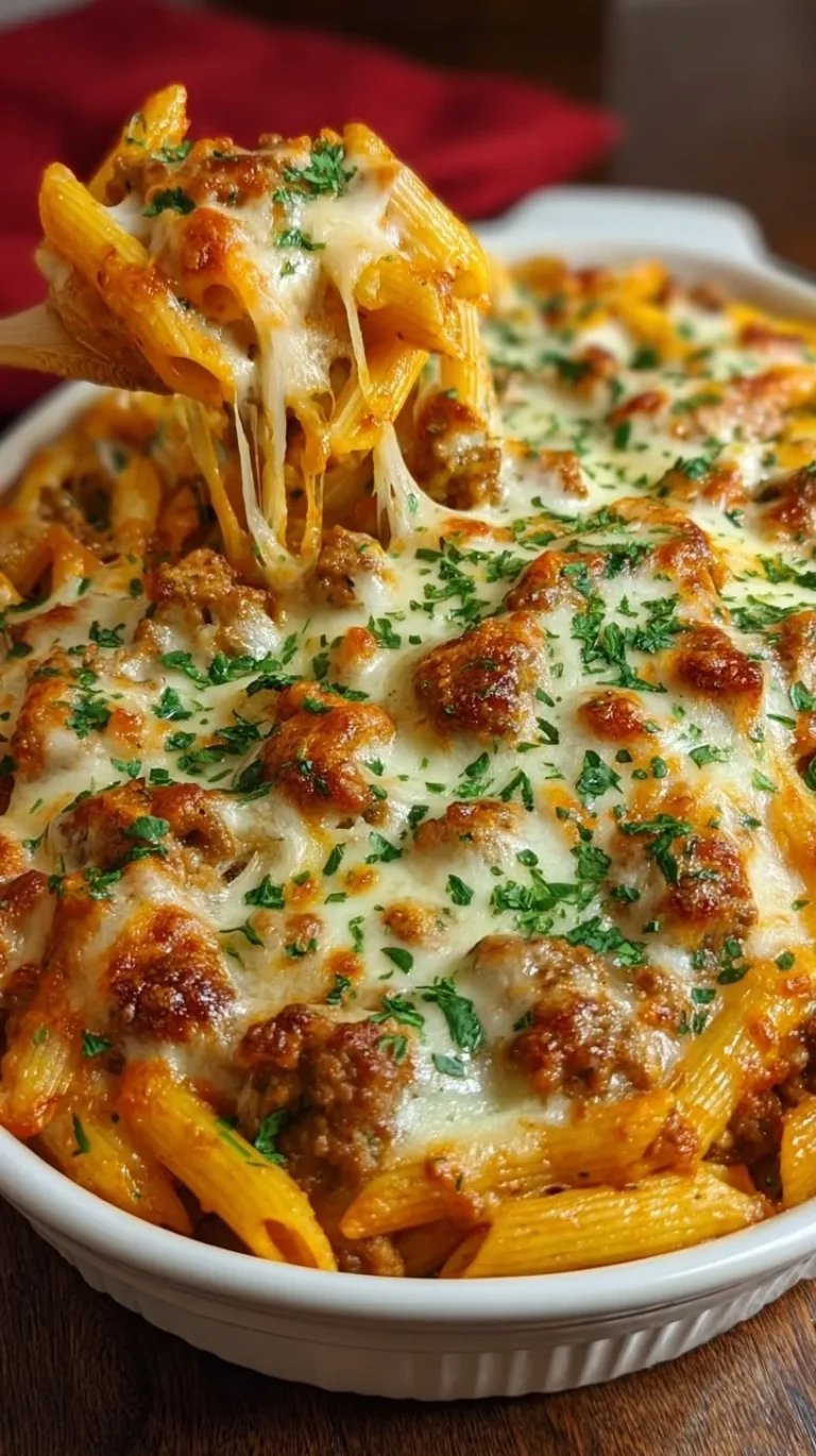 A baking dish filled with cheesy baked sausage penne topped with melted mozzarella and fresh parsley.