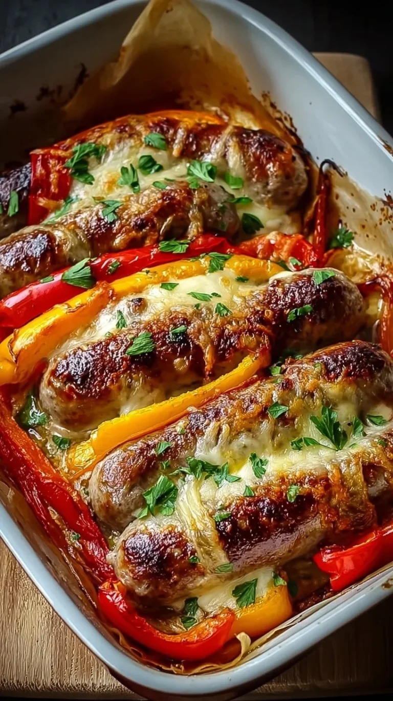 A baking dish filled with roasted Italian sausages, bell peppers, and melted mozzarella cheese.