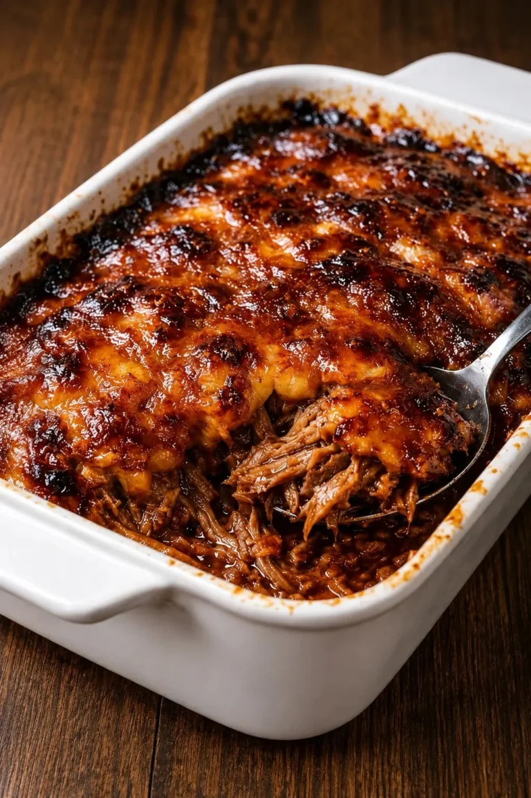Cheesy BBQ shredded beef casserole ready to serve in a baking dish.
