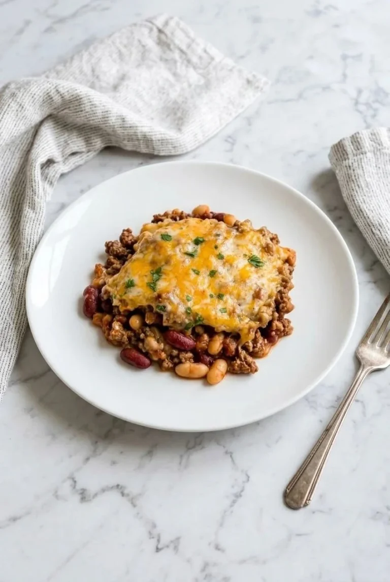 Cheesy Beef and Bean Casserole topped with melted cheese in a baking dish.