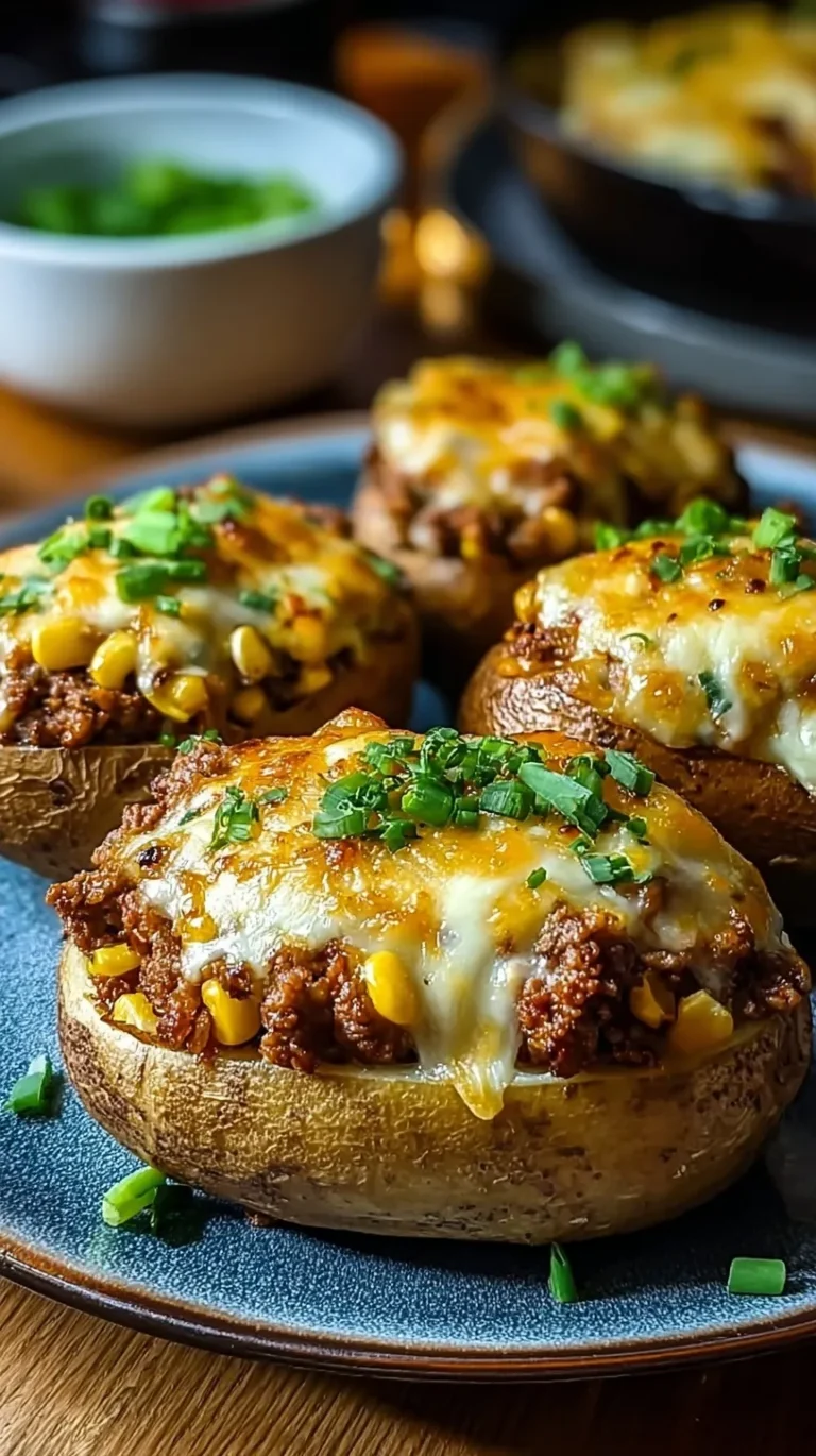 Twice-baked Russet potatoes overflowing with seasoned ground beef, sweet corn, and melted cheddar cheese.