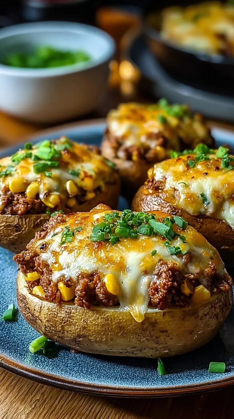 Twice-baked Russet potatoes overflowing with seasoned ground beef, sweet corn, and melted cheddar cheese.