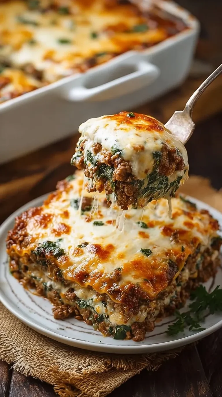A slice of cheesy beef and spinach lasagna showing layers of meat sauce, ricotta, and melted mozzarella.