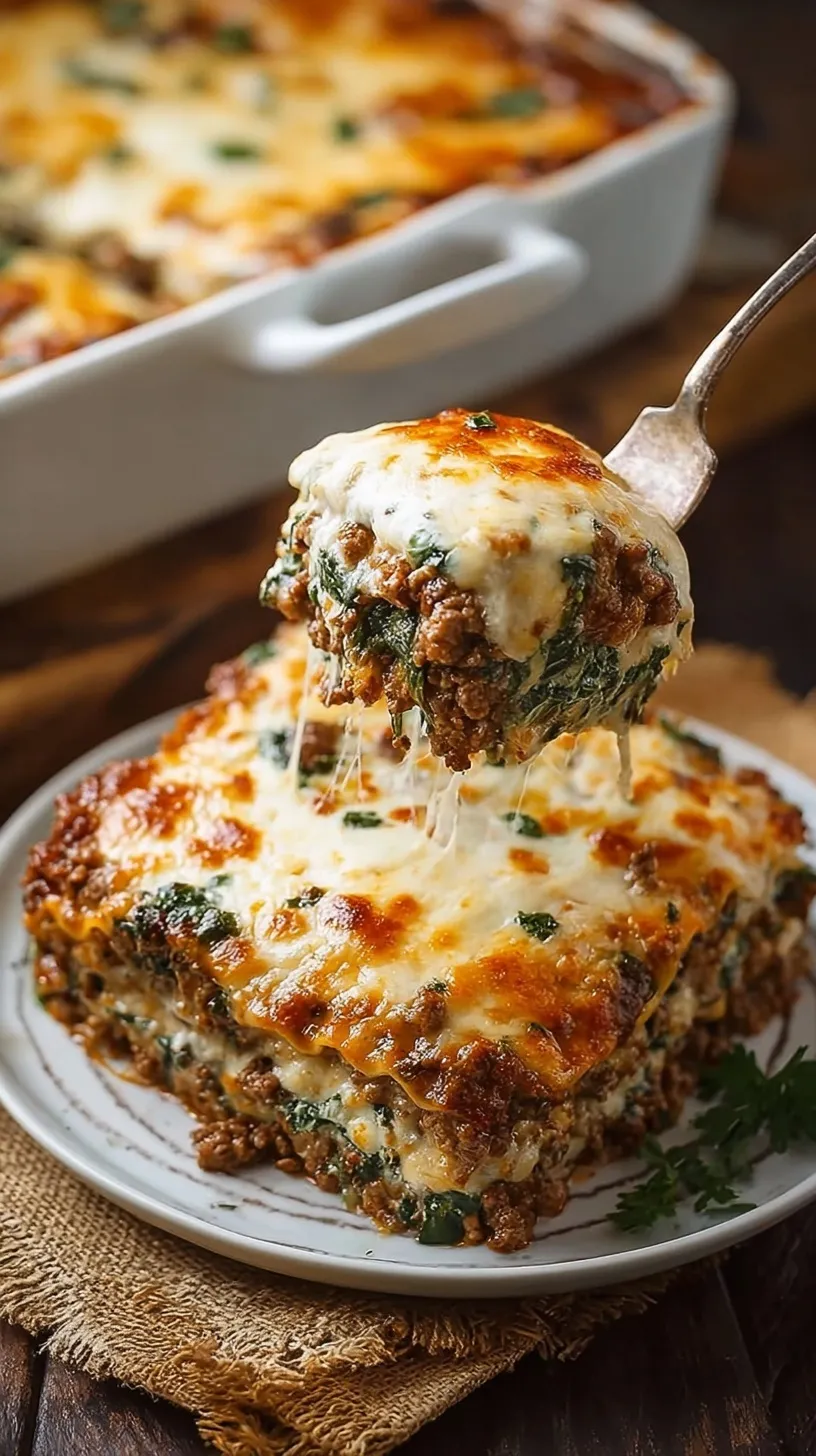 A slice of cheesy beef and spinach lasagna showing layers of meat sauce, ricotta, and melted mozzarella.
