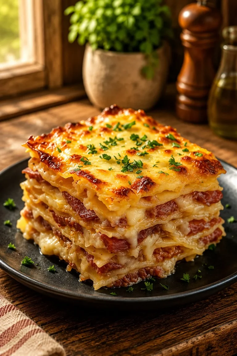 Cheesy beef and bacon lasagna ready to serve in a baking dish