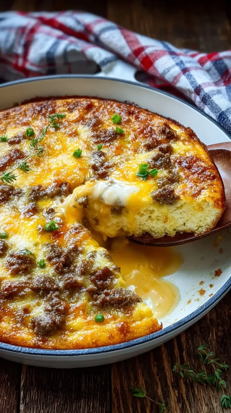 A golden brown cheesy beef breakfast casserole in a glass baking dish