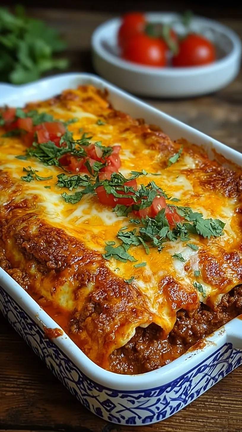 A bubbling dish of Cheesy Beef Enchilada Casserole with melted cheese and fresh cilantro.