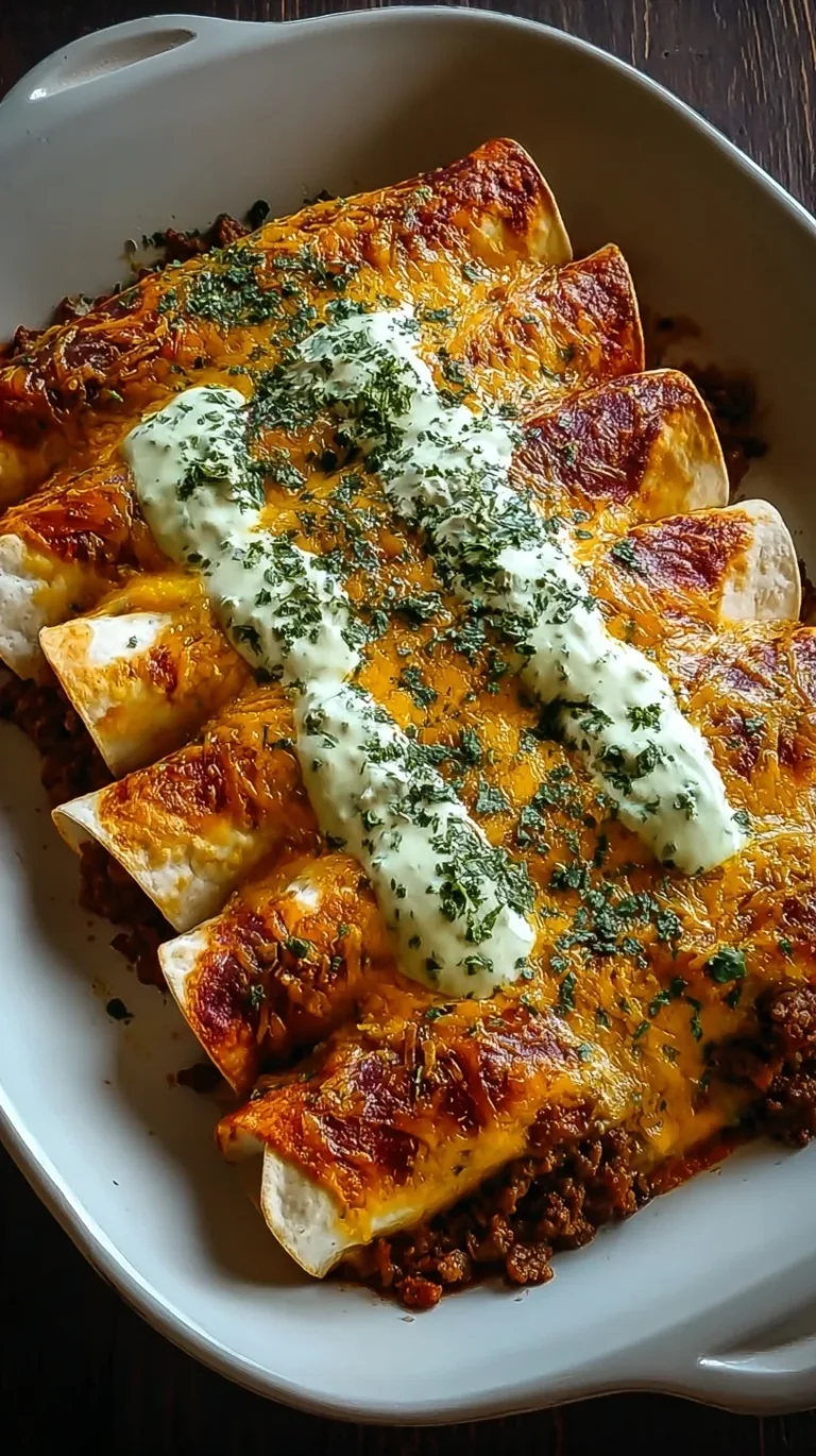 A baking dish filled with cheesy beef enchiladas smothered in green cilantro sauce and melted cheese.