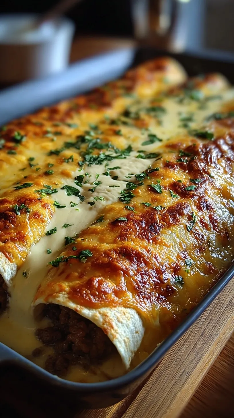 A baking dish of cheesy beef enchiladas topped with bubbly white sauce and melted cheese.