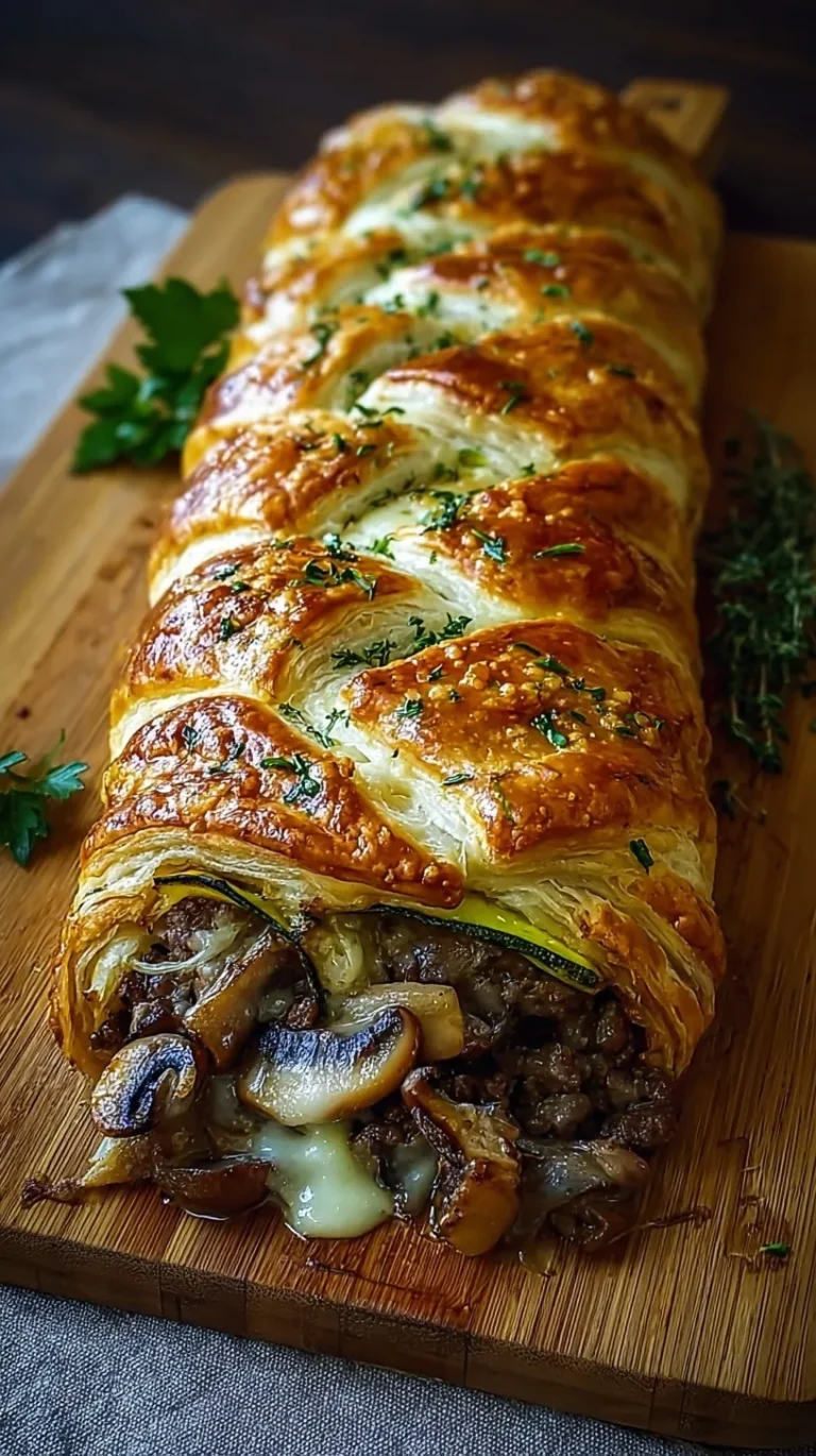A golden brown braided puff pastry filled with beef, cheese, and vegetables on a wooden board.