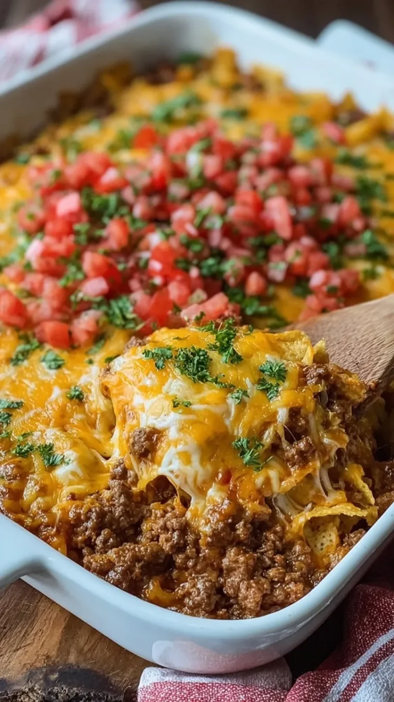 A 9x13 baking dish filled with layered tortilla chips, seasoned ground beef, melted cheese, and fresh toppings.