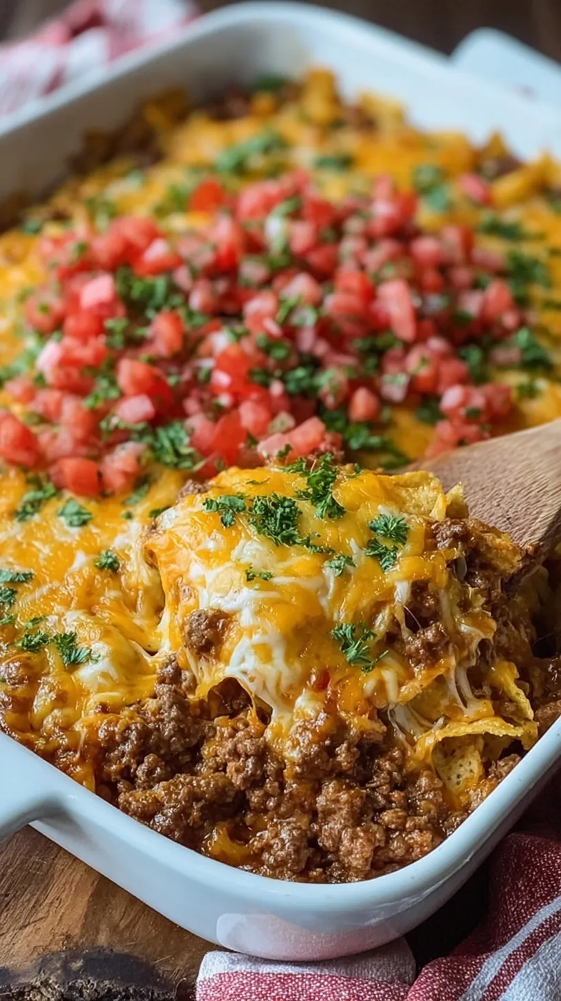 A 9x13 baking dish filled with layered tortilla chips, seasoned ground beef, melted cheese, and fresh toppings.