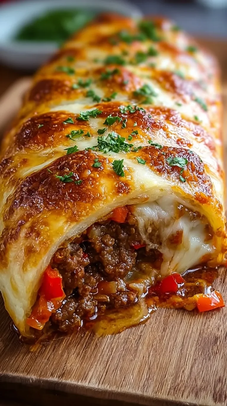 A golden brown Cheesy Beef Stuffed Bread roll sliced into rounds on a wooden board.