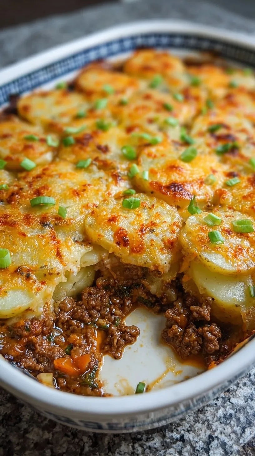 A golden brown Cheesy Beef and Potato Bake in a glass baking dish with melted cheddar on top.