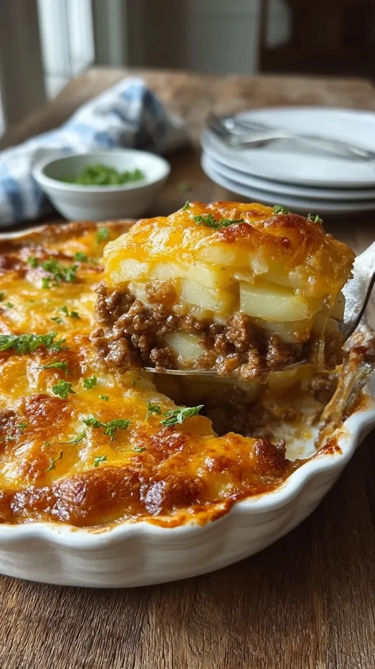 A golden brown Cheesy Beef & Potato Casserole in a glass baking dish with melted cheese and paprika.