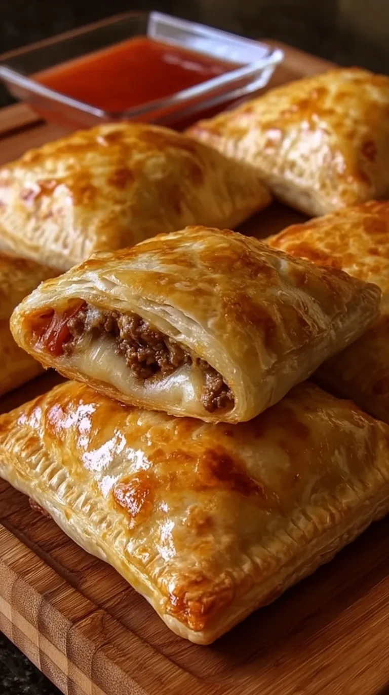 Golden brown cheesy beef puff pastry pockets on a baking sheet