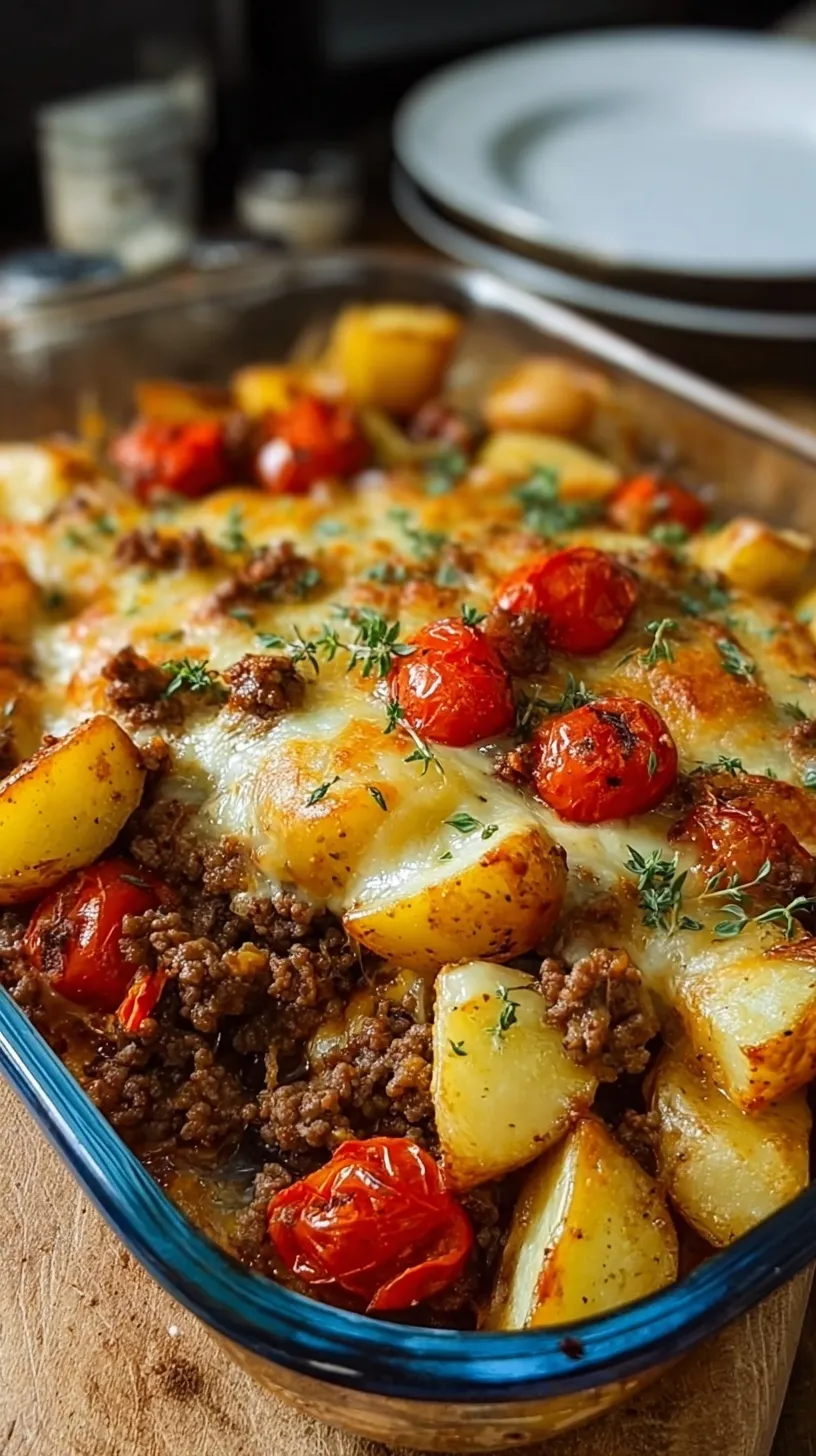 A baking dish filled with roasted potatoes, seasoned ground beef, and melted cheddar cheese topped with fresh parsley.