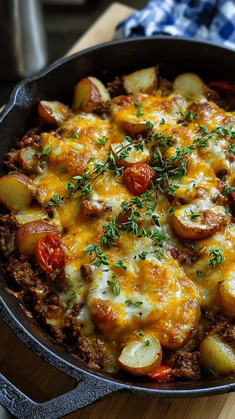 A cast iron skillet filled with crispy roasted potatoes, seasoned ground beef, and melted cheddar cheese topped with parsley.