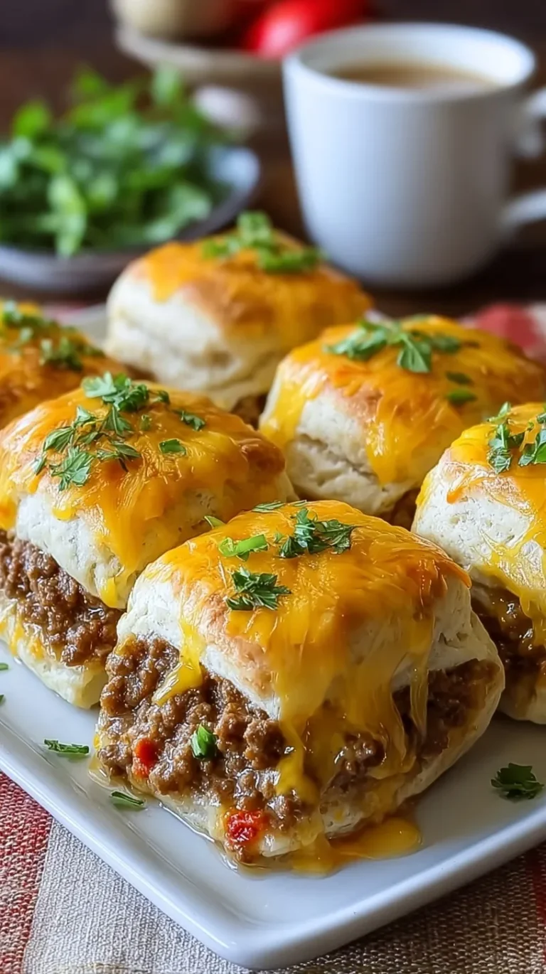 Golden brown stuffed biscuits filled with seasoned ground beef and melted cheddar cheese on a baking sheet.