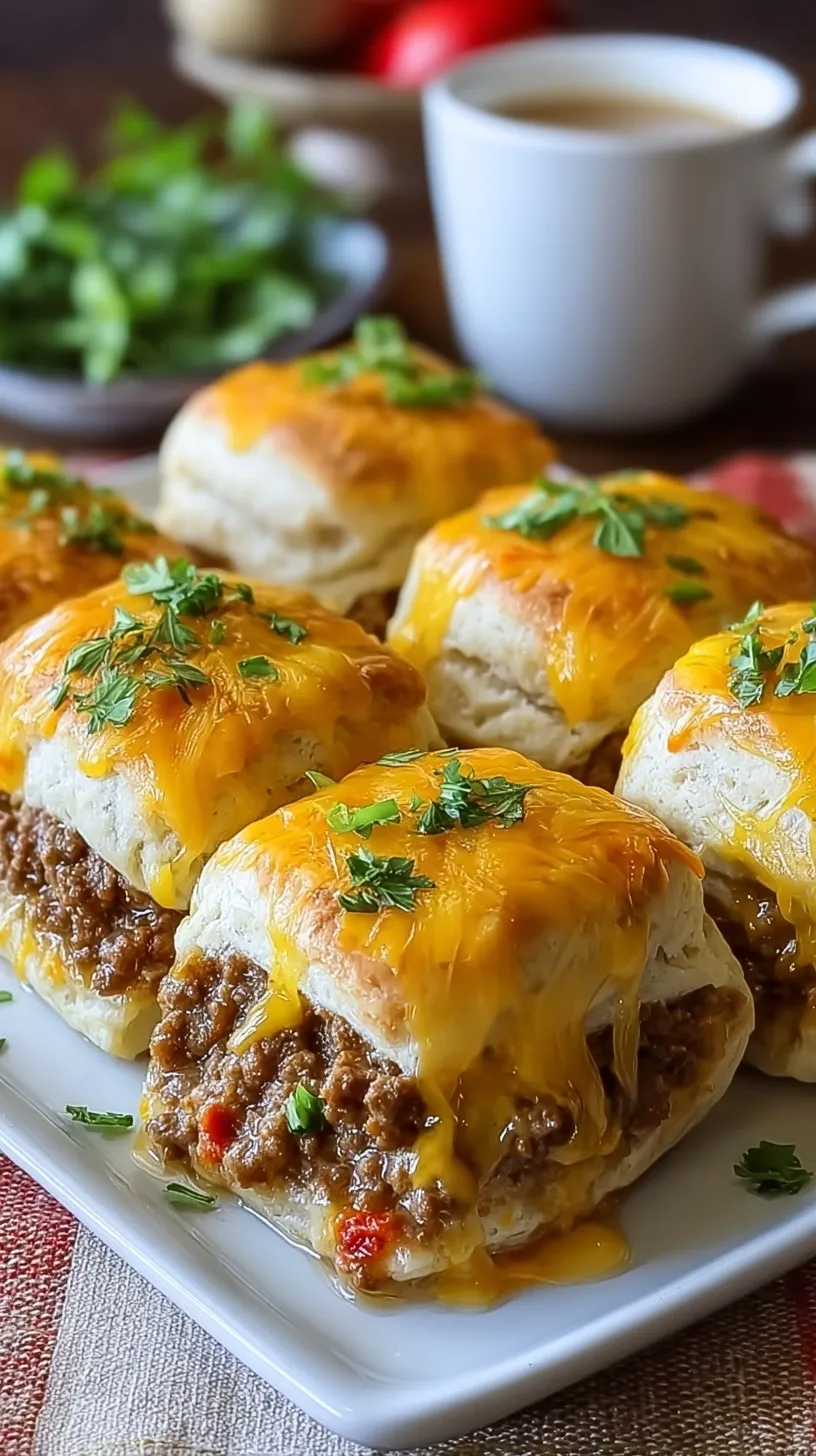 Golden brown stuffed biscuits filled with seasoned ground beef and melted cheddar cheese on a baking sheet.