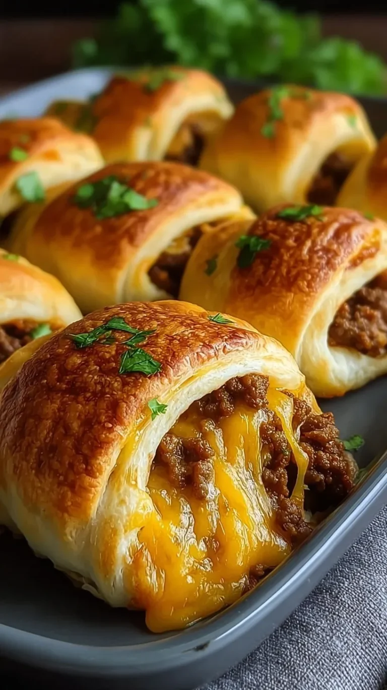 Golden brown beef and cheese stuffed crescent rolls on a baking sheet
