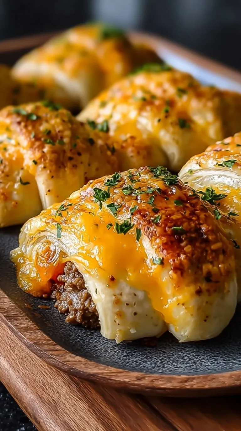 Golden brown crescent rolls stuffed with cheesy ground beef in a glass baking dish.