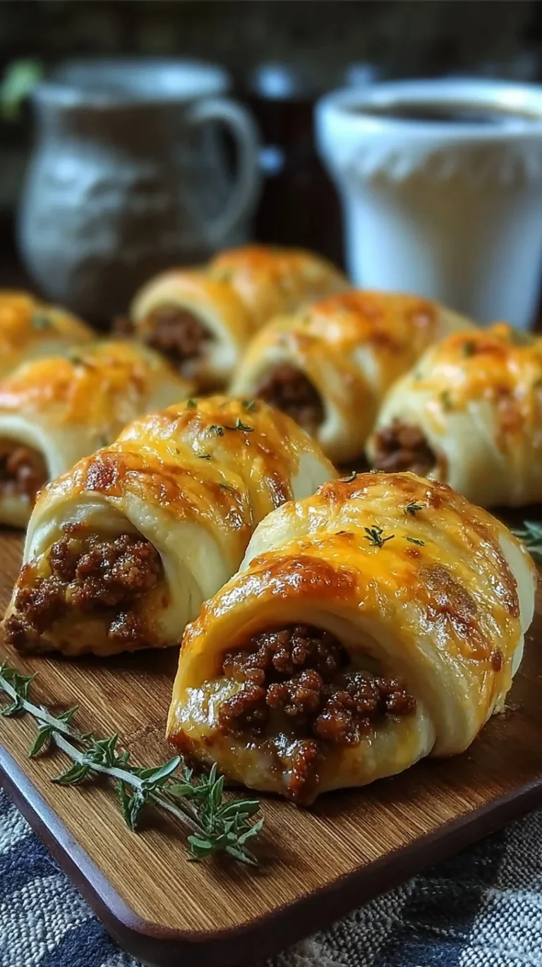 Golden brown crescent rolls stuffed with seasoned ground beef and melted cheddar cheese