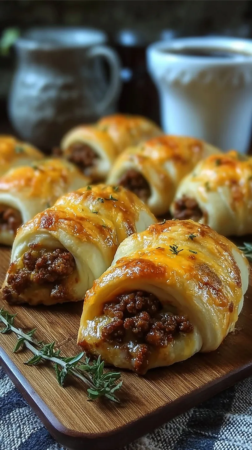Golden brown crescent rolls stuffed with seasoned ground beef and melted cheddar cheese