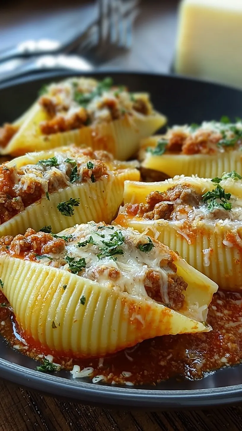 A baking dish filled with jumbo pasta shells stuffed with beef and melted cheese, garnished with parsley.