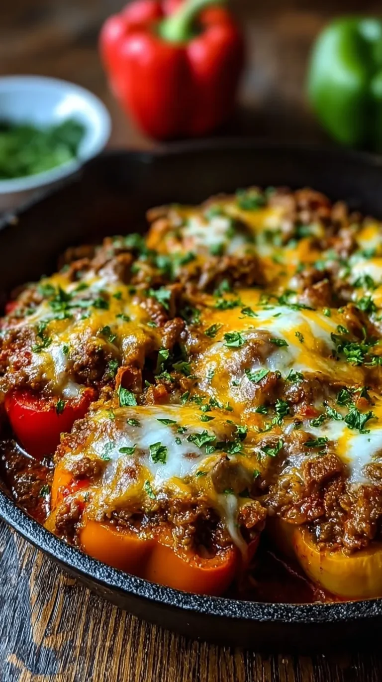 A large skillet filled with cheesy beef and rice stuffed pepper mixture garnished with parsley.