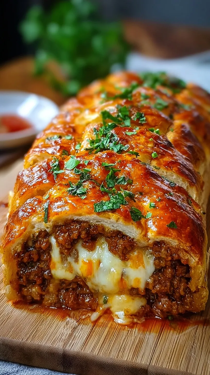 A golden brown pull-apart bread loaf stuffed with seasoned beef and melted cheese.
