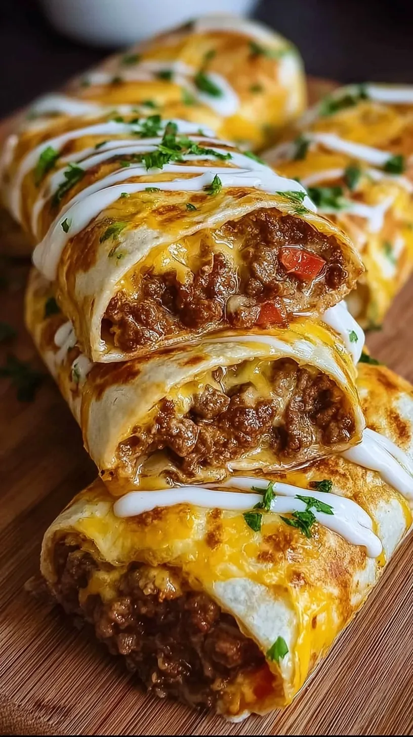 A golden-brown pan-seared tortilla wrap filled with seasoned beef and melted cheese.