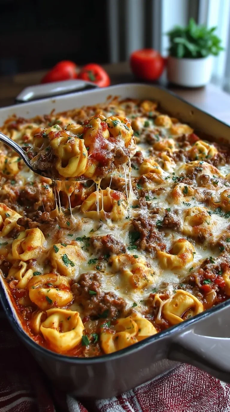 A bubbling dish of cheesy beef tortellini bake topped with melted mozzarella and fresh parsley.