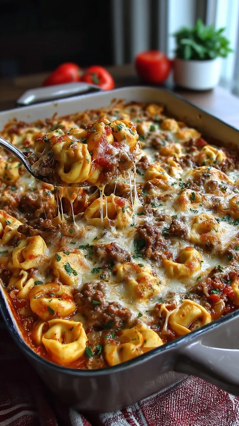 A bubbling dish of cheesy beef tortellini bake topped with melted mozzarella and fresh parsley.