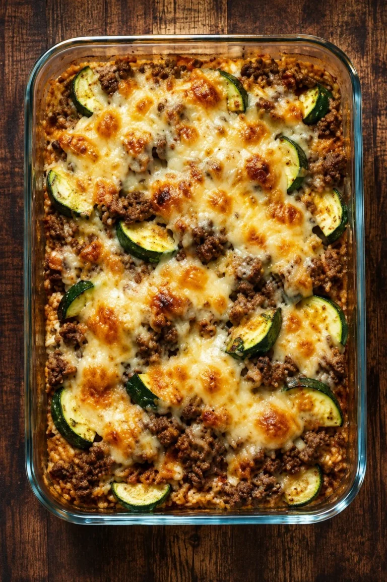 Cheesy beef zucchini bake served in a casserole dish
