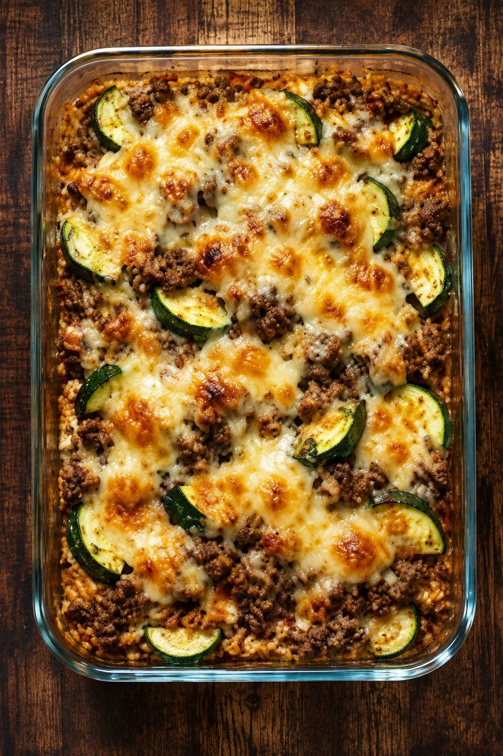Cheesy beef zucchini bake served in a casserole dish